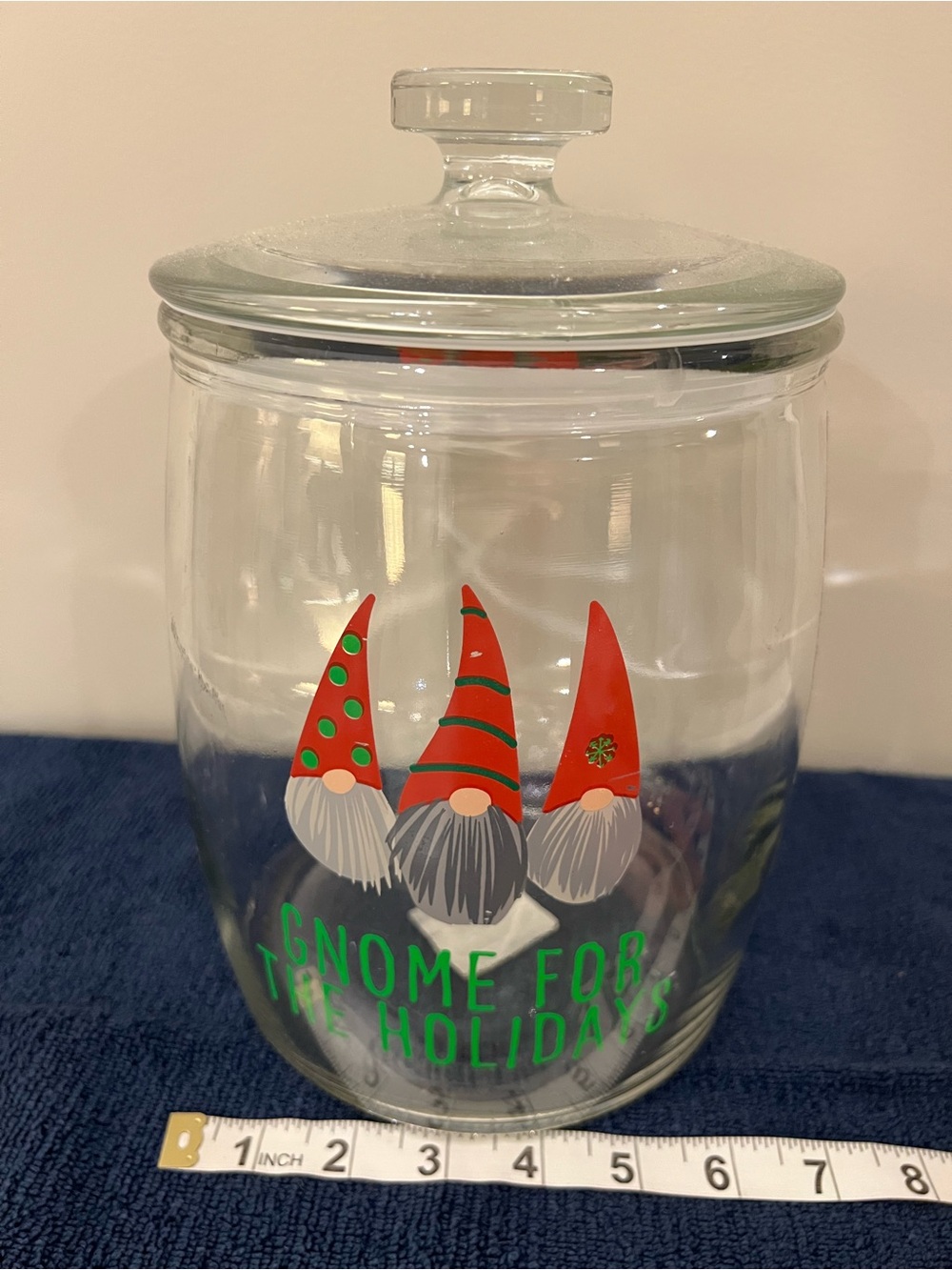 Holiday Gnome Glass Canister/Cookie Jar - Like New